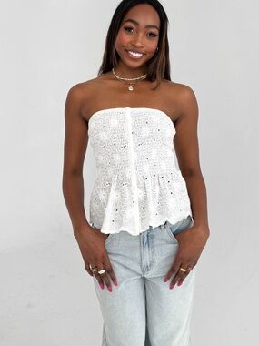 Gray Bandit Jordan Strapless White Eyelet Peplum Top